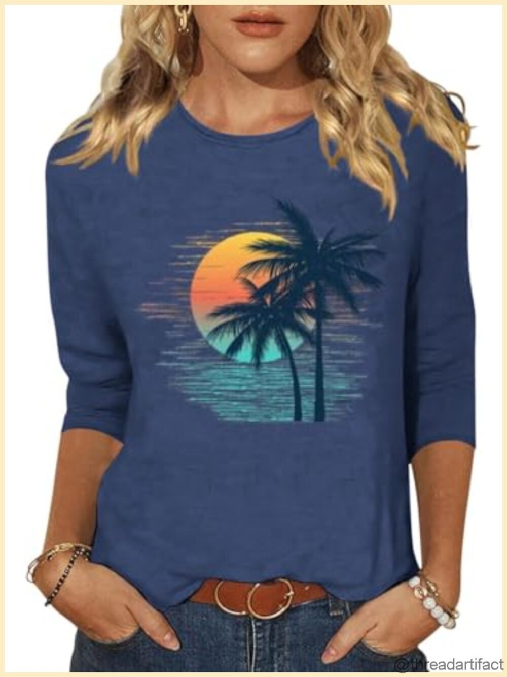 Womens 3/4 Sleeve Crew Neck Floral T-Shirt Dressy Casual Loose Fit Top